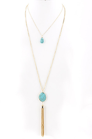 One Color Stone and Long Metal Tassel Necklace 5HBH5